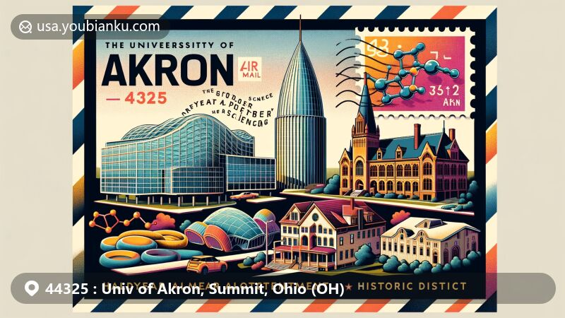 Modern illustration of ZIP code 44325, highlighting University of Akron's Goodyear Polymer Center and local landmarks like Hower House, symbolizing Akron's polymer science leadership. Design features postcard theme with postage stamp and ZIP code for a vivid portrayal.
