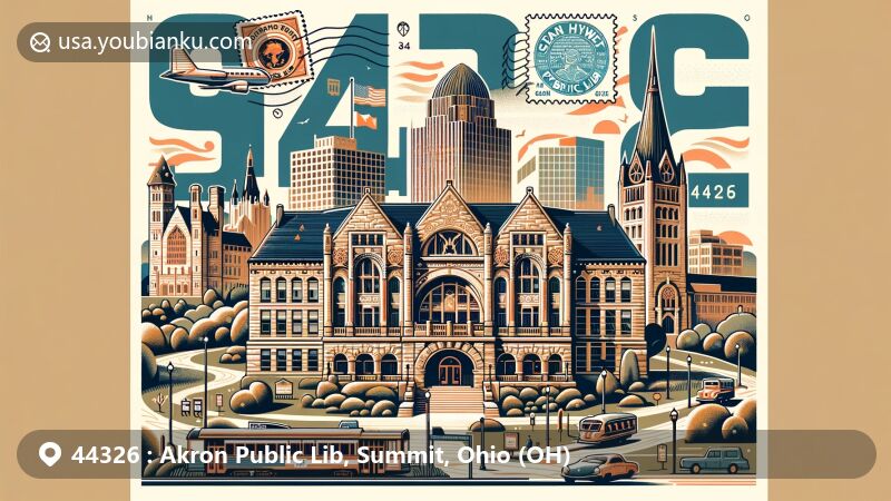 Modern illustration of Akron, Summit County, Ohio, with ZIP code 44326, highlighting Akron Art Museum, Stan Hywet Hall & Gardens, and Goodyear Tire & Rubber Company, showcasing cultural heritage and industrial legacy.