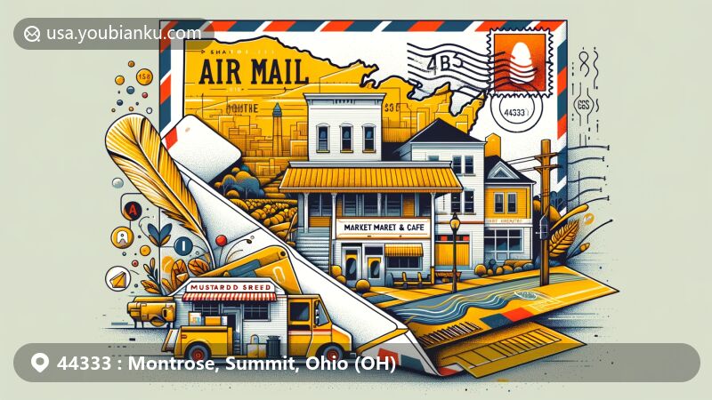 Modern illustration of Montrose, Ohio, featuring air mail envelope with ZIP code 44333, Mustard Seed Market & Cafe, and postal elements.