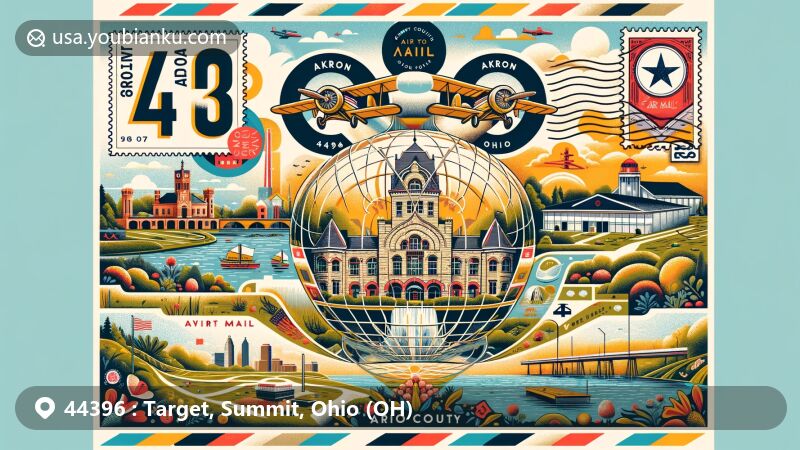 Vibrant illustration of ZIP Code 44396 in Summit County, Ohio, blending local cultural symbols like Stan Hywet Hall & Gardens and Goodyear Airdock, with floral elements and a nod to Ohio & Erie Canal history.