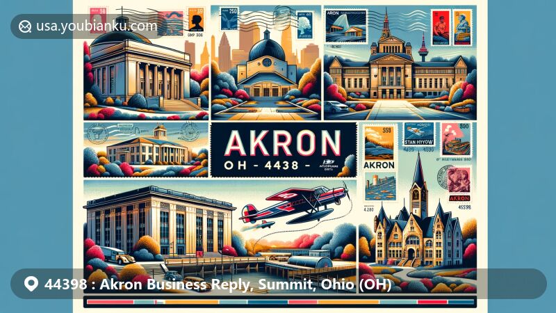 Modern illustration of Akron, Ohio 44398 area, highlighting cultural and historical landmarks like Akron Art Museum, Hower House, Goodyear Airdock, and Stan Hywet Hall & Gardens, with postal elements including airmail envelope, landmark stamps, postmark, and postal vehicles.