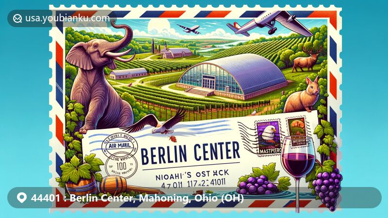 Modern illustration of Berlin Center, Ohio, showcasing Noah's Lost Ark Animal Sanctuary, Mastropietro Winery, and Myrddin Winery amidst lush greenery and vineyards, with a postal theme featuring ZIP code 44401.