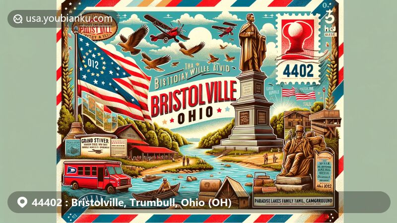 Modern illustration of Bristolville, Trumbull, Ohio, showcasing postal theme with ZIP code 44402, featuring Civil War monument, Grand River Wildlife Area, and Paradise Lakes Family Campground.