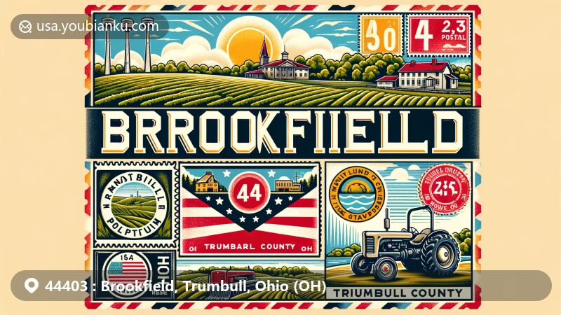 Modern illustration of Brookfield, Trumbull County, Ohio, featuring postal theme with ZIP code 44403, showcasing local landmarks like National Packard Museum and Yankee Run Golf Course.