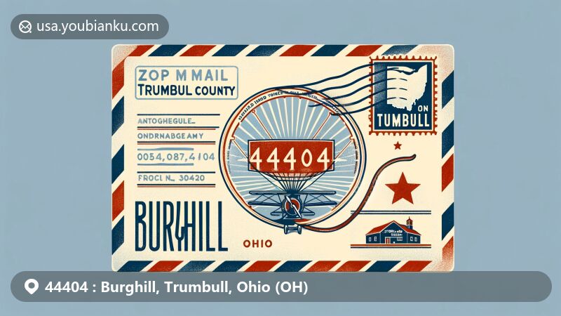 Modern illustration of Burghill, Trumbull County, Ohio, featuring vintage air mail envelope with Trumbull County map, Ohio silhouette, and ZIP code 44404, highlighted by red and blue air mail design and local Haunted Hayride at Storyland Christmas Tree Farm stamp.