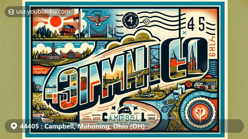 Modern illustration of Campbell, Ohio in Mahoning County, portraying a postcard design with ZIP code 44405 and local elements, including landmarks, culture, and postal motifs.