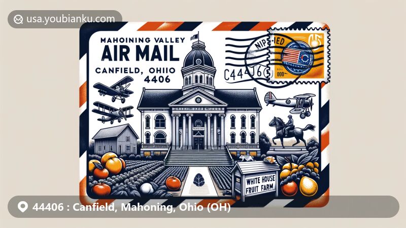 Modern illustration of Canfield, Mahoning, Ohio, featuring iconic elements such as the War Vet Museum, showcasing classic revival architecture and honoring American wars; White House Fruit Farm, symbolizing local agriculture diversity with a variety of fruits; and the Mahoning Valley Scrappers baseball team representation, highlighting local sports culture.