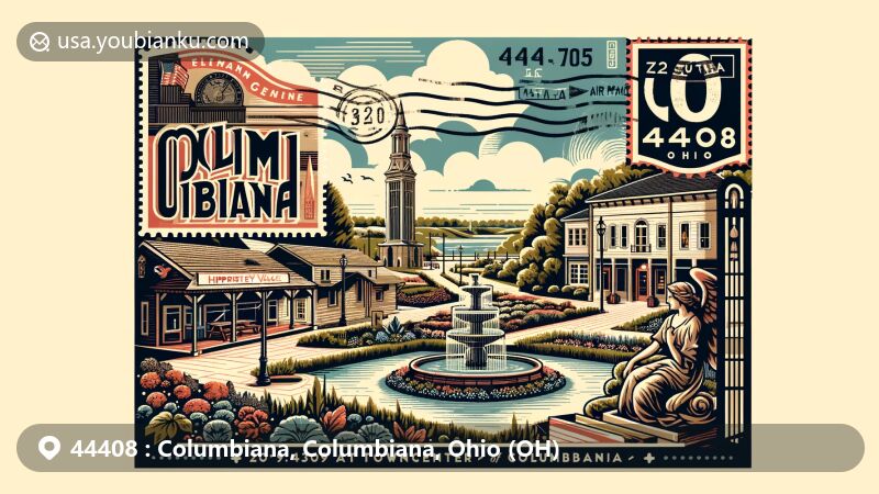 Modern illustration of Columbiana, Ohio, featuring landmarks like TownCenter at Firestone Farms and Gardens at Hippley Village in a vintage postcard theme with postal elements.