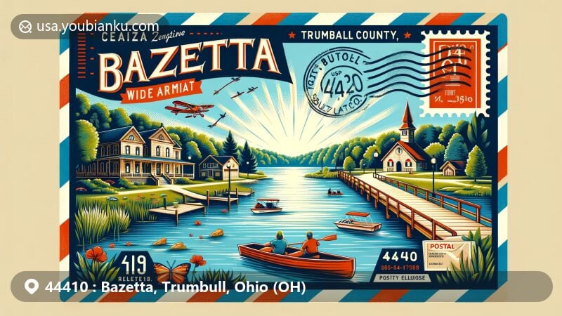 Modern illustration of Bazetta, Trumbull County, Ohio, featuring zip code 44410, showcasing Mosquito Creek Lake and Cortland Opera House, with outdoor activities like boating and fishing.