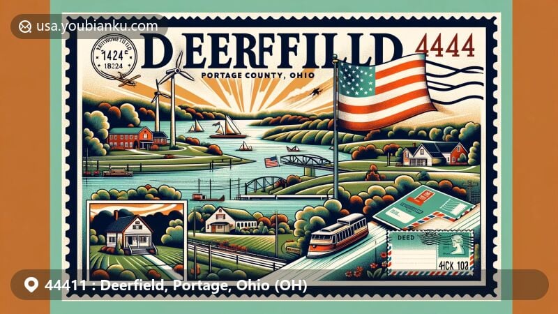 Modern illustration of Deerfield, Portage County, Ohio, featuring postal theme with ZIP code 44411, capturing rural atmosphere and natural beauty, with a vintage postcard style.