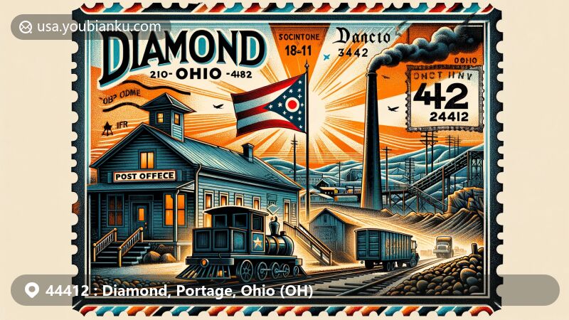 Modern illustration of Diamond, Ohio, showcasing postal theme with ZIP code 44412, featuring vintage air mail envelope design with Ohio state flag, post office history, coal mine entrance silhouette, and early 20th-century postal truck.