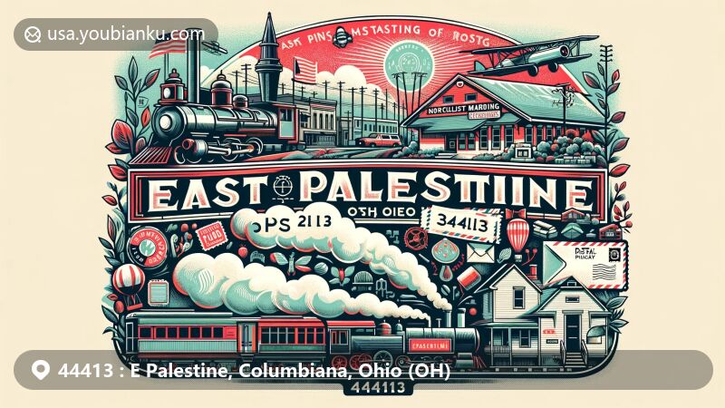 Modern illustration of East Palestine, Ohio, showcasing the unique blend of historical, postal, and regional features with symbols of the Norfolk Southern Railway, ceramics and tire industries, and the 2023 train derailment. Styled as a vintage postcard with ZIP code 44413, featuring postal elements like stamp, postmark, and images of a mailbox or postal vehicle.