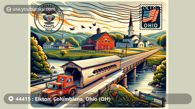 Modern illustration of Elkton, Columbiana County, Ohio, with Church Hill Road Covered Bridge, Little Beaver Creek, and Federal Correctional Institution, designed as vintage postcard with postal mark 'Elkton, OH 44415'.