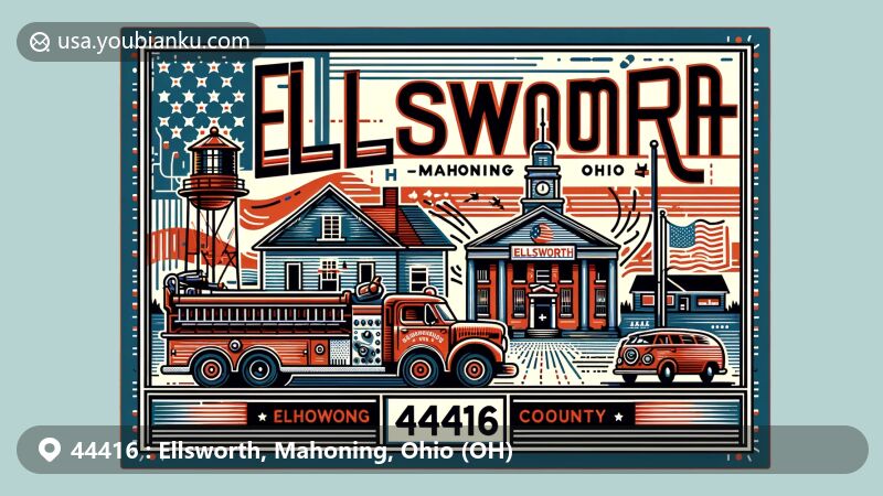 Creative depiction of Ellsworth, Mahoning County, Ohio, showcasing local culture and postal themes, featuring landmarks like Ellsworth Town Hall and a vintage fire truck, with a postal frame design and American flag.