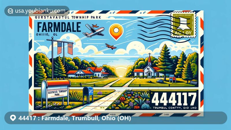 Wide illustration of Farmdale, Trumbull County, Ohio, capturing the essence of Gustavus Township Park and postal theme with ZIP code 44417, featuring state flag of Ohio.