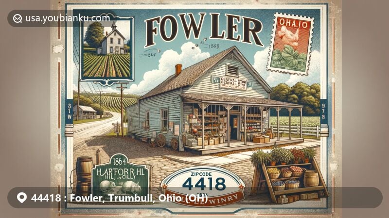 Modern illustration of Fowler, Ohio, capturing the essence of the town's heritage with elements from the Fowler General Store and Hartford Hill Winery, featuring vintage postal theme with ZIP code 44418.