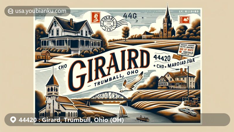 Modern illustration of Girard, Trumbull, Ohio, showcasing ZIP Code 44420 area with Mahoning River, Henry Barnhisel House, outdoor recreational activities, vintage postcard layout, and elements of Italian heritage.