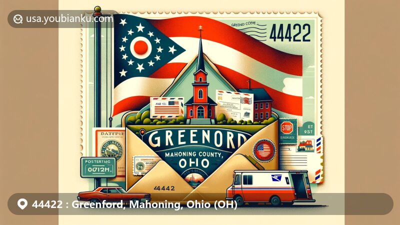 Modern illustration of Greenford, Mahoning County, Ohio, with an artistic interpretation of postal heritage and ZIP code 44422, featuring vintage air mail envelope, Ohio state flag, postcard with coordinates, postal stamp with church, and mail delivery truck.