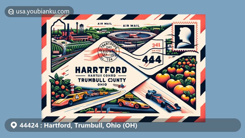 Modern illustration of Hartford, Trumbull County, Ohio, blending landmarks like Hartford Orchards and Sharon Speedway into an air mail envelope, with stamps, postmark, and ZIP Code 44424. Vibrant design showcases postal elements and local culture.
