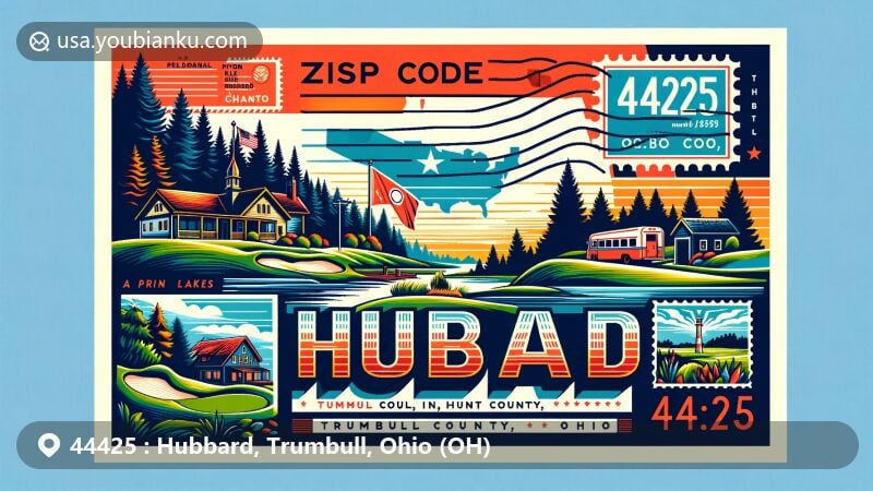 Modern illustration of Hubbard, Trumbull County, Ohio, infusing postal elements with local character, featuring Ohio state flag, Trumbull County map silhouette, Pine Lakes Golf Club, Chestnut Ridge Campground, postal symbols, and historical industrial references.