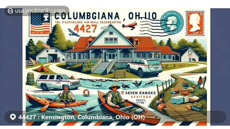 Modern illustration of Kensington, Columbiana County, Ohio, centered around ZIP code 44427, featuring Seven Ranges Scout Reservation and postal elements like stamps, postmarks, ZIP code, and a mail delivery vehicle.