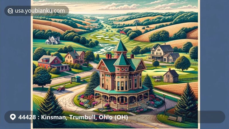 Modern illustration of Kinsman, Ohio, showcasing the iconic Clarence Darrow Octagon House and picturesque countryside along Pymatuning Creek Watershed, with elements of rolling hills, Peter Allen Inn, and Bronzwood Golf Club.
