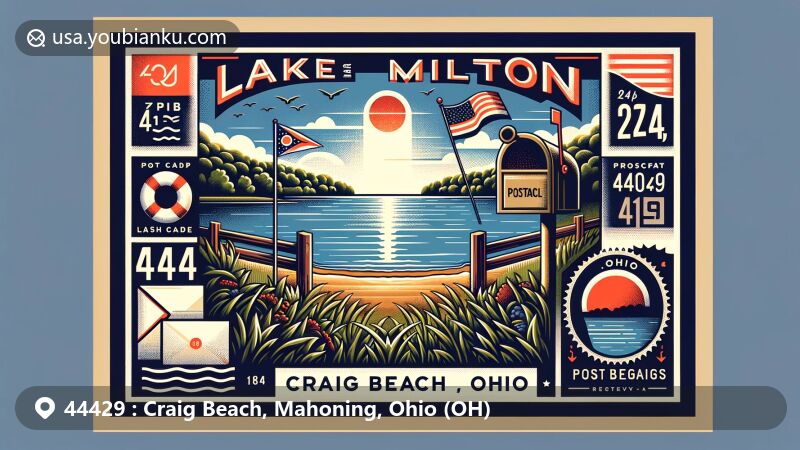 Modern illustration of Lake Milton near Craig Beach village, featuring scenic beauty and postal elements, showcasing ZIP code 44429 and Ohio state flag.