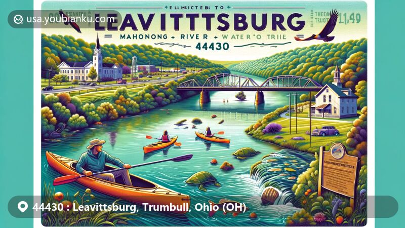 Modern illustration of Leavittsburg, Ohio, 44430 postal code area, highlighting the natural beauty of Mahoning River and outdoor recreation activities like kayaking and wildlife, featuring Leavittsburg Heritage Museum and Thomas A Swift MetroPark.