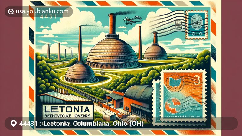 Modern illustration of Leetonia, Columbiana County, Ohio, depicting the historical Leetonia Beehive Coke Ovens Park with dome-shaped coke ovens, blending industrial heritage with natural beauty, and featuring a vintage airmail envelope with ZIP code 44431, Ohio state flag stamp, and Leetonia postmark.