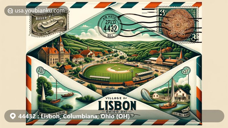 Modern illustration of Lisbon, Ohio, showcasing postal theme with ZIP code 44432, featuring Scenic Vista Park and Beaver Local Stadium.