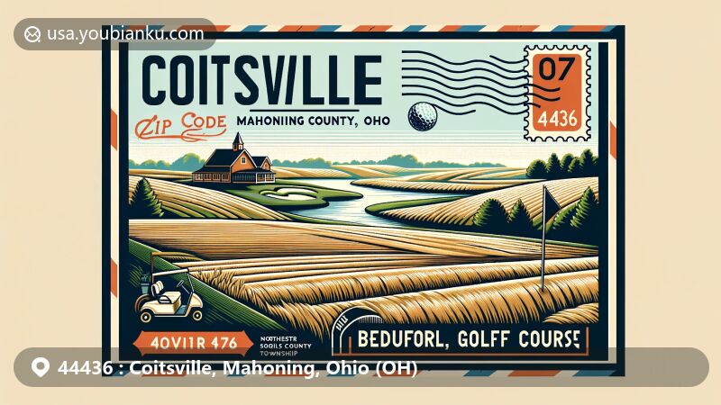 Modern illustration of Coitsville, Mahoning County, Ohio, with a postcard theme showcasing McGuffey Homesite and local recreation from Bedford Trails Golf Course.