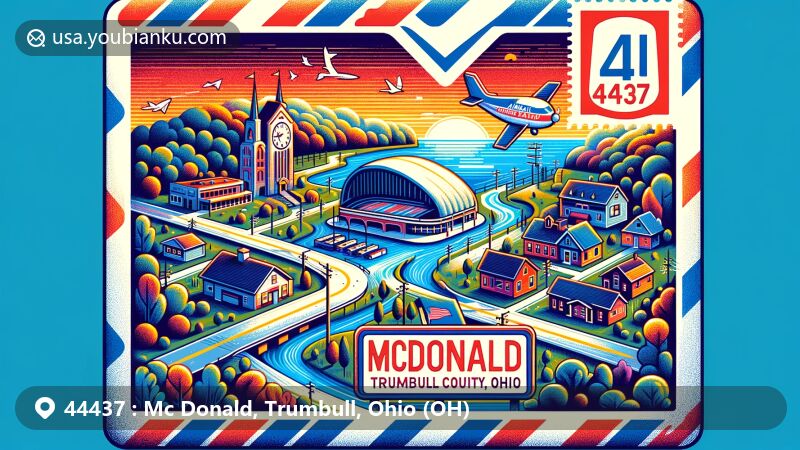 Vibrant depiction of McDonald, Trumbull County, Ohio, inspired by airmail envelope theme showcasing Mahoning River, AA Burkey Memorial Stadium, and small-town charm.