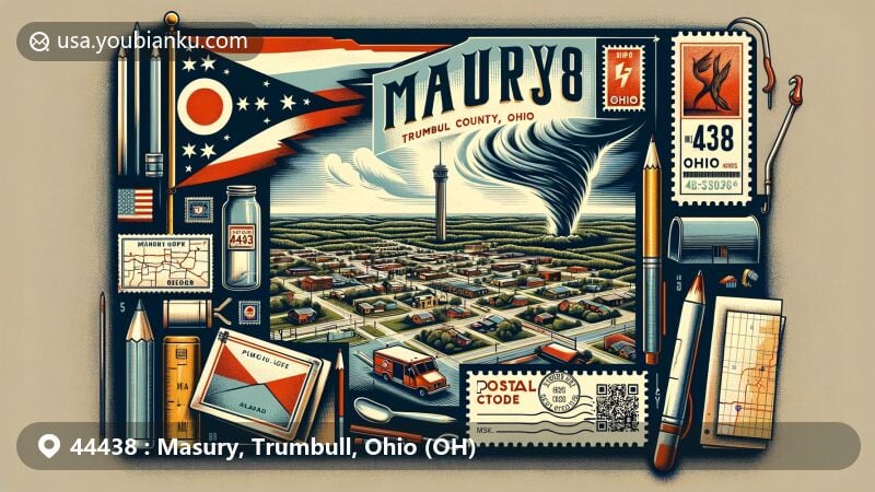 Modern illustration of Masury, Ohio, showcasing postal theme with ZIP code 44438, featuring Trumbull County landscapes, Ohio state flag, historical F-5 tornado event in 1985, and innovative postal elements.