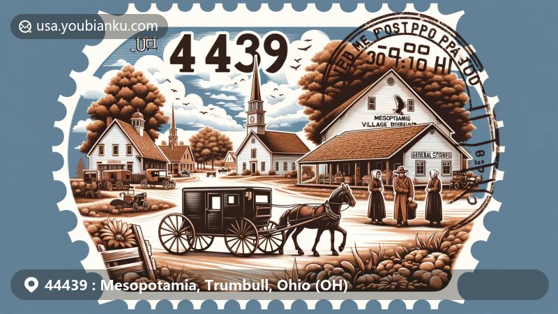 Modern illustration of Mesopotamia, Trumbull County, Ohio, showcasing historic Mesopotamia Village District with Amish heritage, iconic End of the Commons General Store, traditional horse carriage, and artistic representation of Amish culture or natural beauty, in a postal theme with ZIP code 44439.