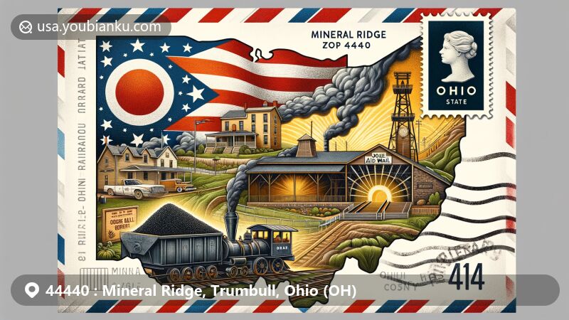 Modern illustration of Mineral Ridge, Ohio, featuring ZIP code 44440, showcasing regional and postal elements on a creatively designed airmail envelope, with Joe Lane Sports Complex, coal mining heritage, Ohio state flag, and Trumbull County map.