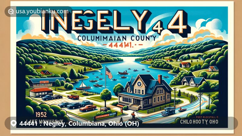 Modern illustration of Negley, Columbiana County, Ohio, showcasing postal theme with ZIP code 44441, featuring Appalachian Mountains and Lake Tomahawk.
