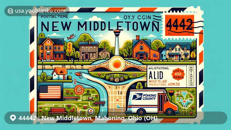 Modern illustration of New Middletown, Mahoning, Ohio, showcasing postal theme with ZIP code 44442, featuring symbols of small-town charm and community spirit, including incorporation in 1972 and Mahoning County outline.