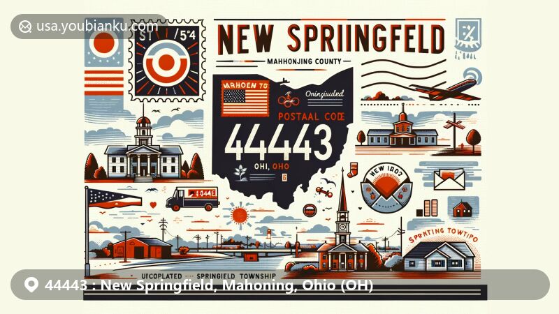 Modern illustration of New Springfield, Mahoning County, Ohio, showcasing postal theme with ZIP code 44443, featuring vintage postcard design and Ohio cultural symbols.