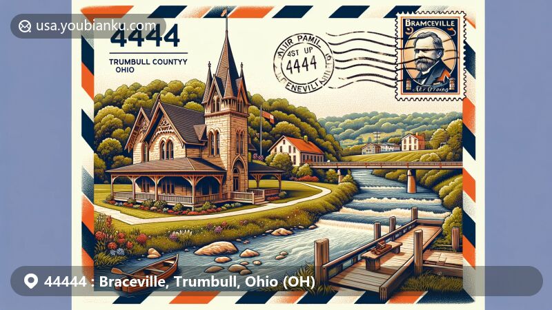 Modern illustration of Braceville, Trumbull County, Ohio, featuring postal theme with ZIP code 44444, showcasing John Wesley Mason Gothic Cottage and Mahoning River Water Trail.