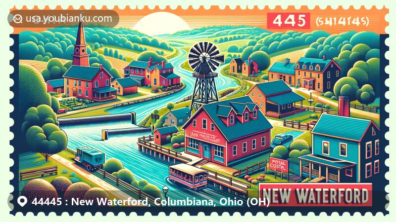 Modern illustration of New Waterford, Columbiana County, Ohio, highlighting postal theme with ZIP code 44445, featuring 19th-century landmarks powered by Big Bull Creek.