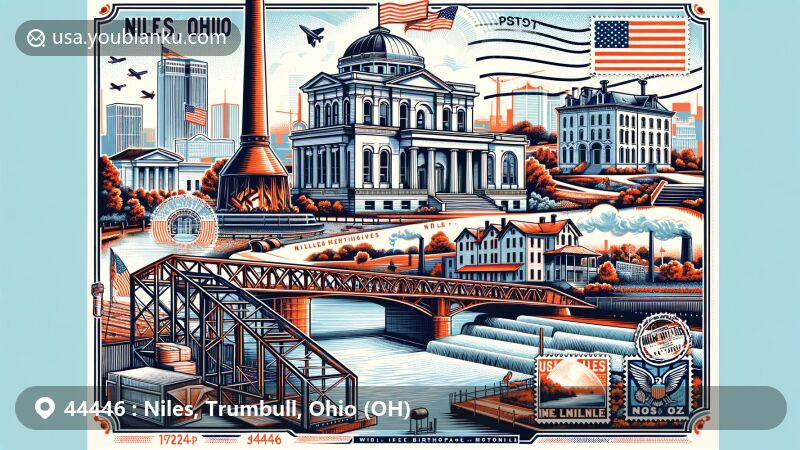 Modern illustration of Niles, Ohio, highlighting National McKinley Birthplace Memorial, Ward Thomas House Museum, and postal theme with ZIP code 44446, combining industrial history and American patriotism.