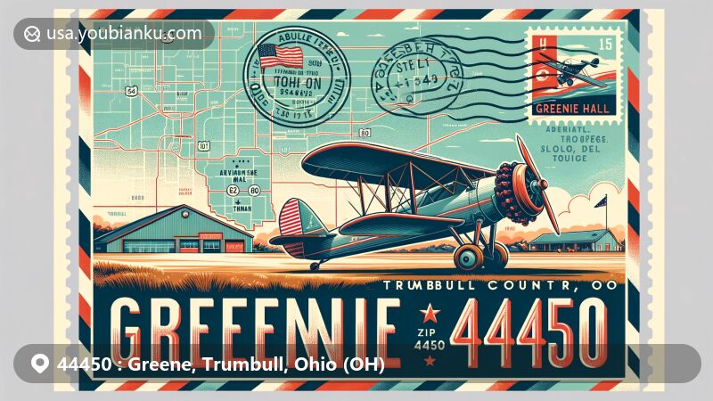 Modern illustration of Greene in Trumbull County, Ohio, featuring postal theme with ZIP code 44450, showcasing Ohio state flag, Trumbull County outline, Ernie Hall Aviation Museum, and postal stamps.