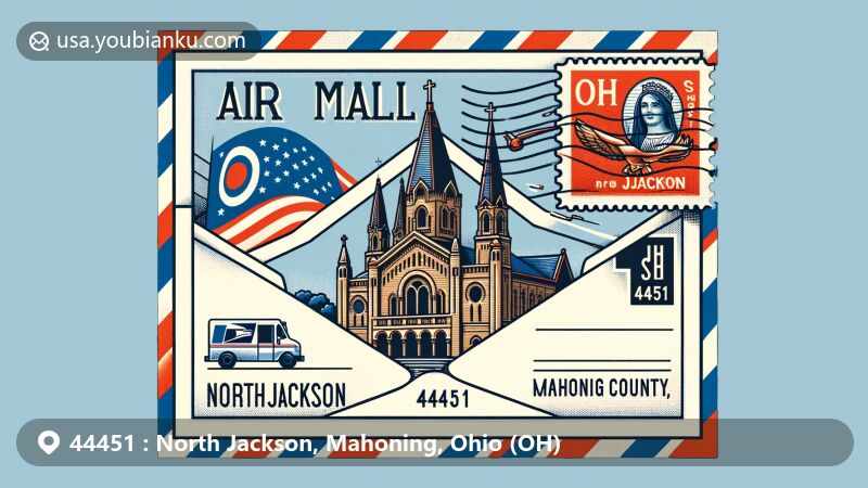 Modern illustration of North Jackson, Mahoning County, Ohio, featuring air mail envelope with Basilica and National Shrine of Our Lady of Lebanon stamp, showcasing Ohio state flag and postal elements.