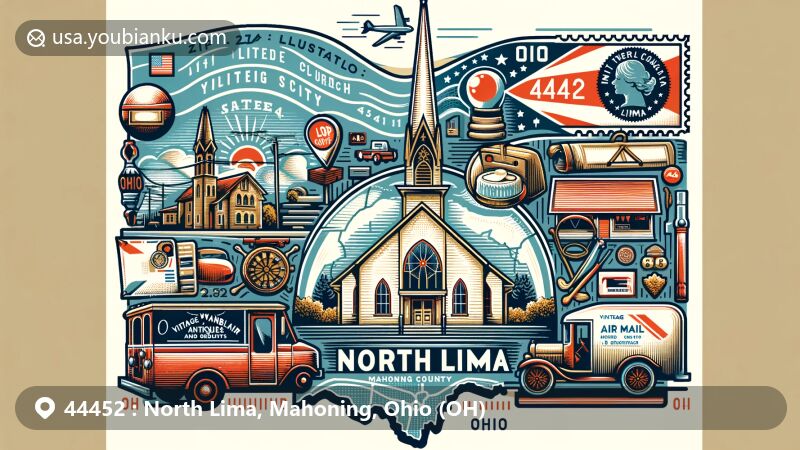 Modern illustration of North Lima, Mahoning County, Ohio (OH), featuring Mount Olivet United Church of Christ, state of Ohio outline, Vintage VanBlair Antiques and Oddities, vintage air mail envelope, Ohio state flag stamp, 'North Lima, OH 44452' postmark, mail truck, and mailbox.