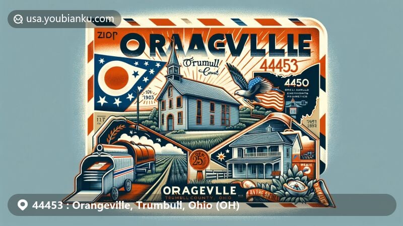 Modern illustration of Orangeville, Trumbull County, Ohio, with ZIP code 44453, featuring postal elements and local landmarks like the William McKinley Birthplace Museum. The artwork blends postal theme with rural charm and Ohio state symbols.