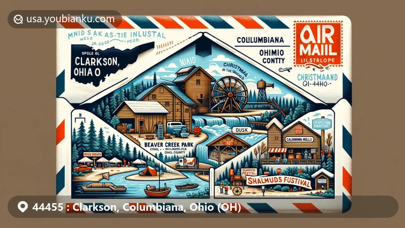 Modern illustration of Clarkson, Columbiana, Ohio, displaying postal theme with ZIP code 44455, featuring Beaver Creek State Park and Gaston's Mill, alongside symbols of cultural events like Shaker Woods Festival and Christmas in the Woods, as well as the Rogers Community Auction and Flea Market.