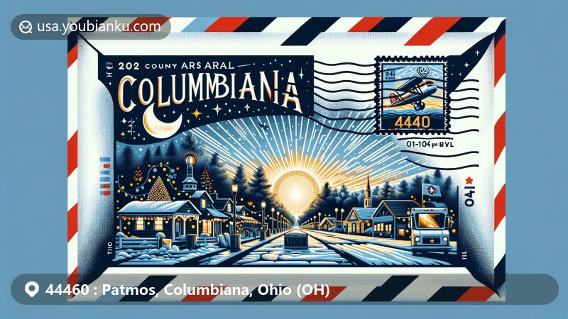 Modern illustration of Patmos, Columbiana County, Ohio, showcasing postal theme with ZIP code 44460, featuring cultural events like Shaker Woods Festival or Joy of Christmas, highlighting the area's significance.