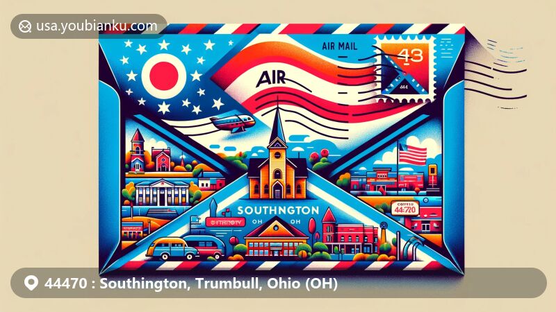 Modern illustration of Southington, Trumbull County, Ohio, showcasing postal theme with ZIP code 44470, featuring Ohio state flag and iconic landmarks, reflecting vibrant community spirit and educational resources in the region.