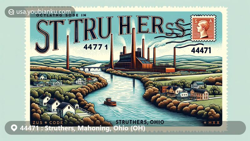 Modern illustration of Struthers, Ohio, emphasizing the Mahoning River and the city's steel industry heritage, symbolized by an iron furnace akin to the Anna Furnace, with a touch of modern cityscape and community spirit.