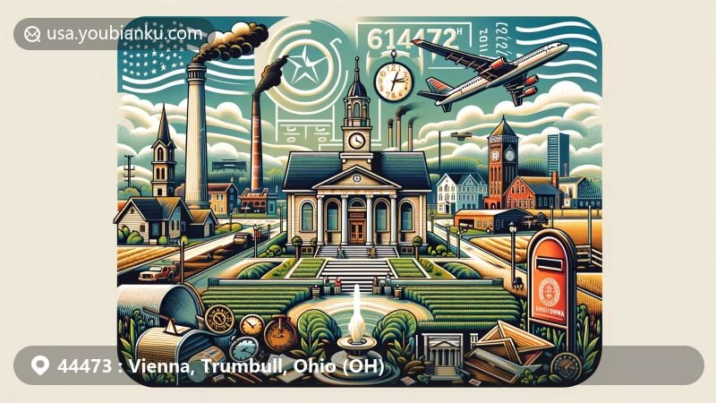 Creative illustration of Vienna, Trumbull County, Ohio, showcasing historical and modern elements with a postal theme, clocks, landmarks, and the Ohio state flag.